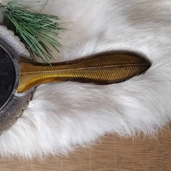 . Vintage Hand Held Mirror - Orange Brown Enameled w Rhinestones Vanity Mirror - Picture 9 of 9